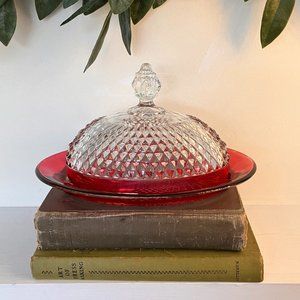 Vintage Holiday Indiana Glass Diamond Point Red Flash Covered Dish